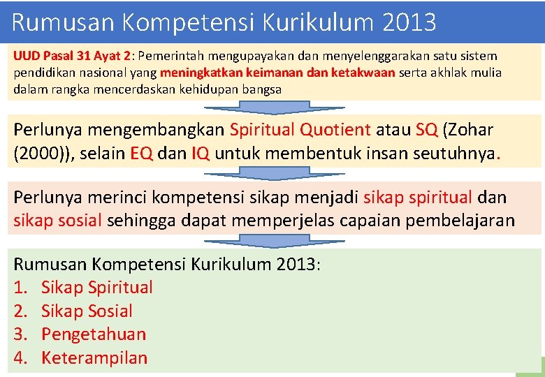 Rumusan Kompetensi Kurikulum 2013 UUD Pasal 31 Ayat 2: Pemerintah mengupayakan dan menyelenggarakan satu