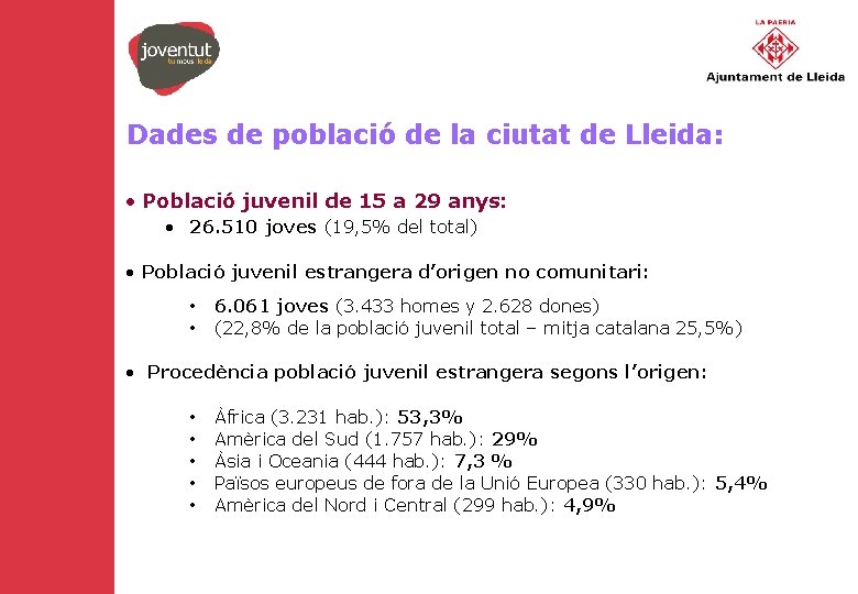 Dades de població de la ciutat de Lleida: • Població juvenil de 15 a