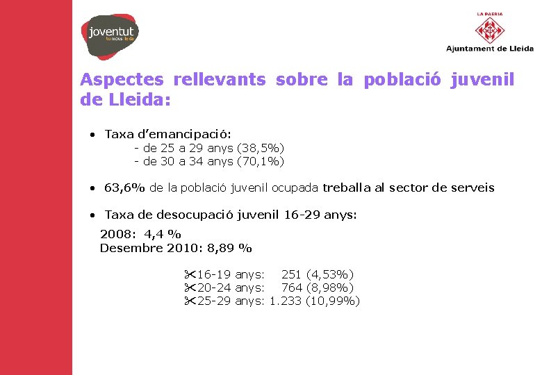 Aspectes rellevants sobre la població juvenil de Lleida: • Taxa d’emancipació: - de 25