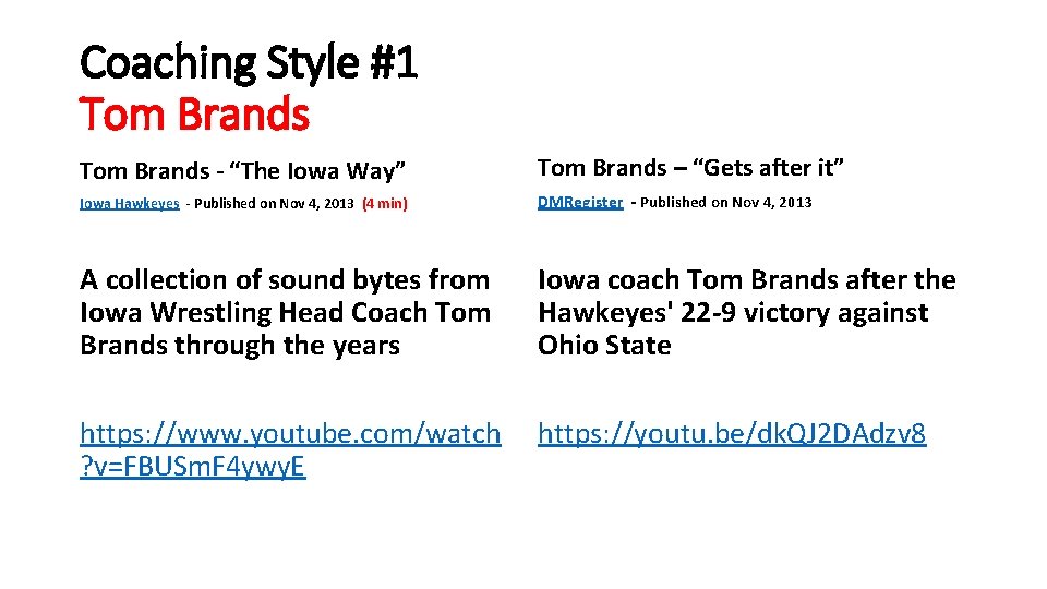 Coaching Style #1 Tom Brands - “The Iowa Way” Tom Brands – “Gets after