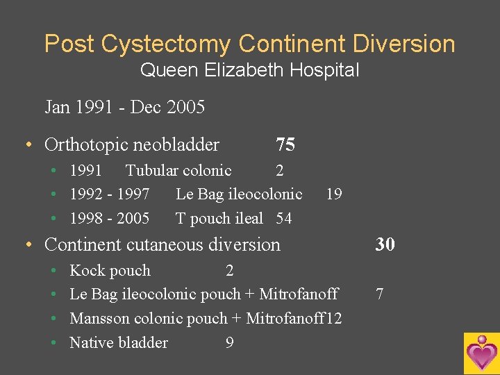 Post Cystectomy Continent Diversion Queen Elizabeth Hospital Jan 1991 - Dec 2005 • Orthotopic