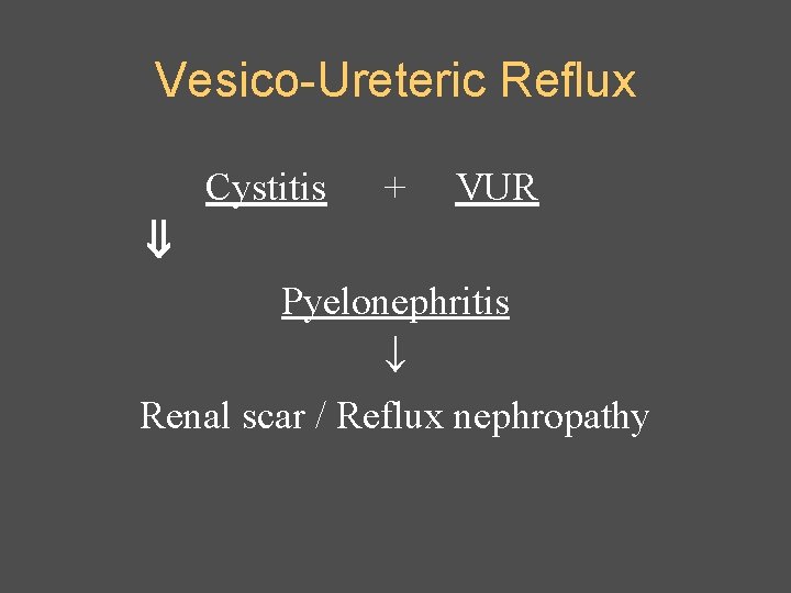 Vesico-Ureteric Reflux Cystitis + VUR Pyelonephritis Renal scar / Reflux nephropathy 