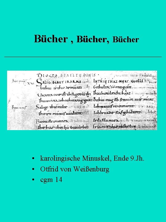 Bücher , Bücher • karolingische Minuskel, Ende 9. Jh. • Otfrid von Weißenburg •