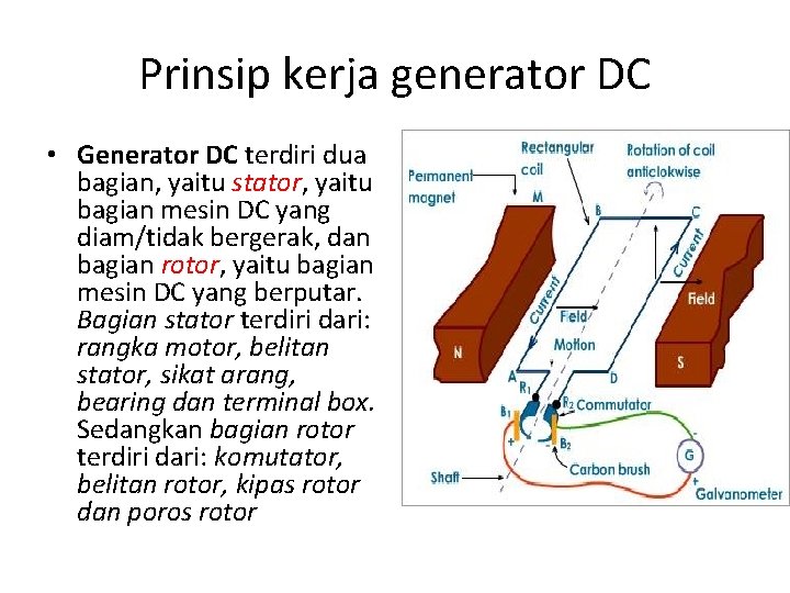 Prinsip kerja generator DC • Generator DC terdiri dua bagian, yaitu stator, yaitu bagian