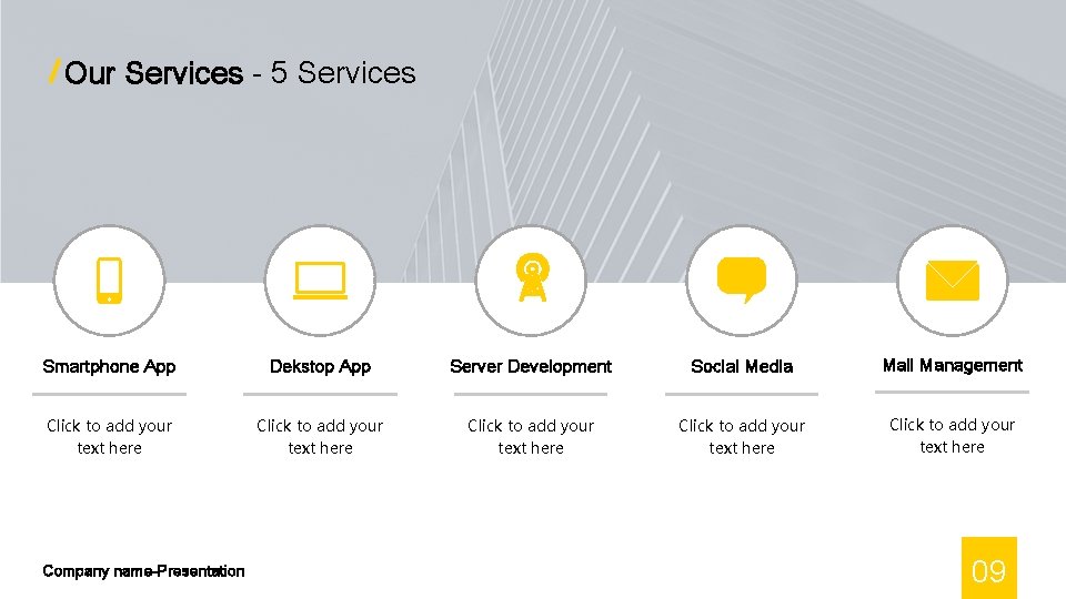 Our Services - 5 Services Smartphone App Dekstop App Server Development Social Media Mail
