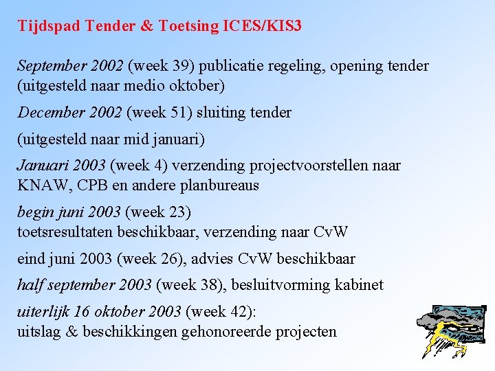 Tijdspad Tender & Toetsing ICES/KIS 3 September 2002 (week 39) publicatie regeling, opening tender