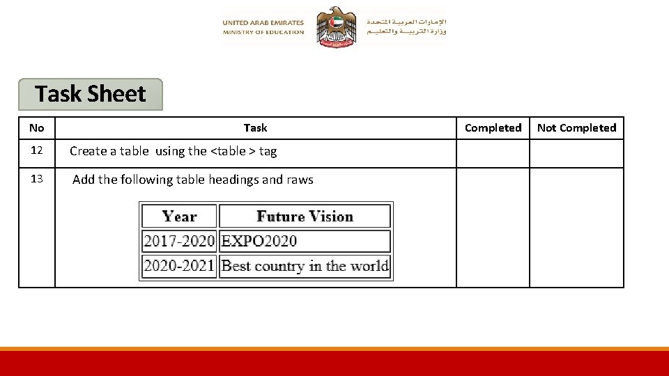 Task Sheet No Task 12 Create a table using the <table > tag 13