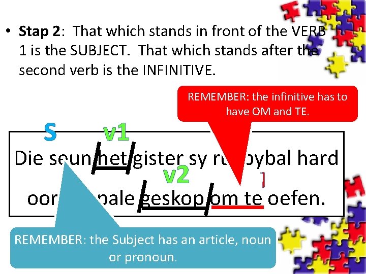  • Stap 2: That which stands in front of the VERB 1 is