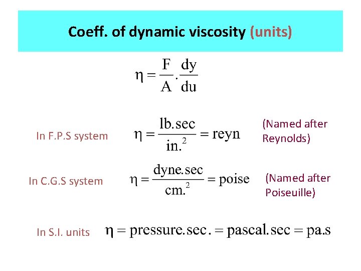 Coeff. of dynamic viscosity (units) In F. P. S system In C. G. S