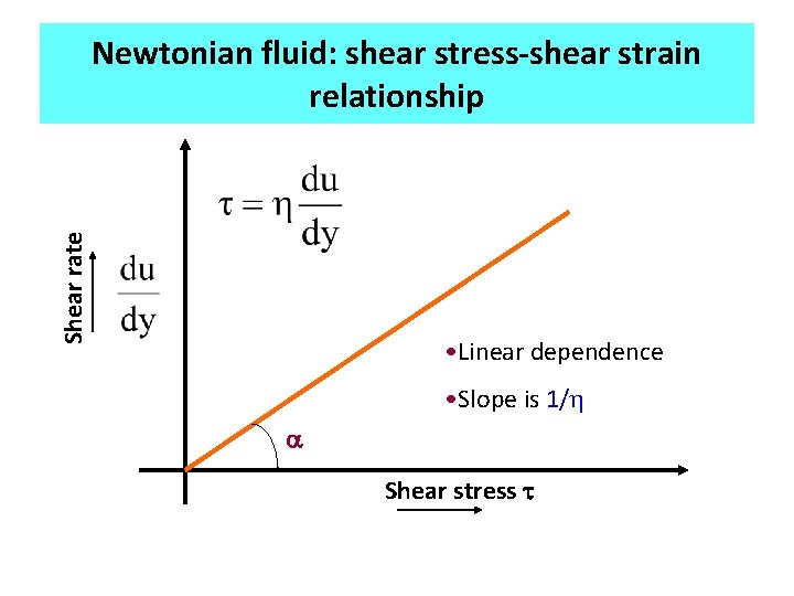 Shear rate Newtonian fluid: shear stress-shear strain relationship • Linear dependence • Slope is