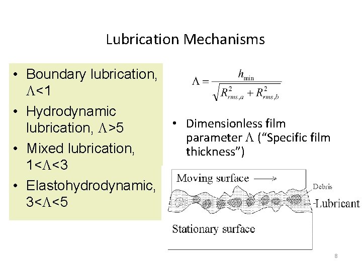 Lubrication Mechanisms • Boundary lubrication, <1 • Hydrodynamic • Dimensionless film lubrication, >5 parameter