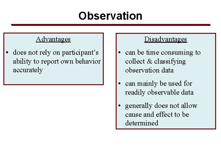 Observation Advantages • does not rely on participant’s ability to report own behavior accurately