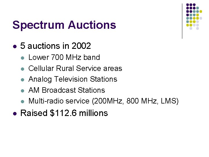 Spectrum Auctions l 5 auctions in 2002 l l l Lower 700 MHz band