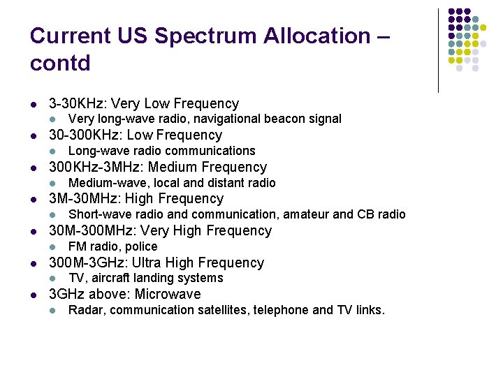 Current US Spectrum Allocation – contd l 3 -30 KHz: Very Low Frequency l