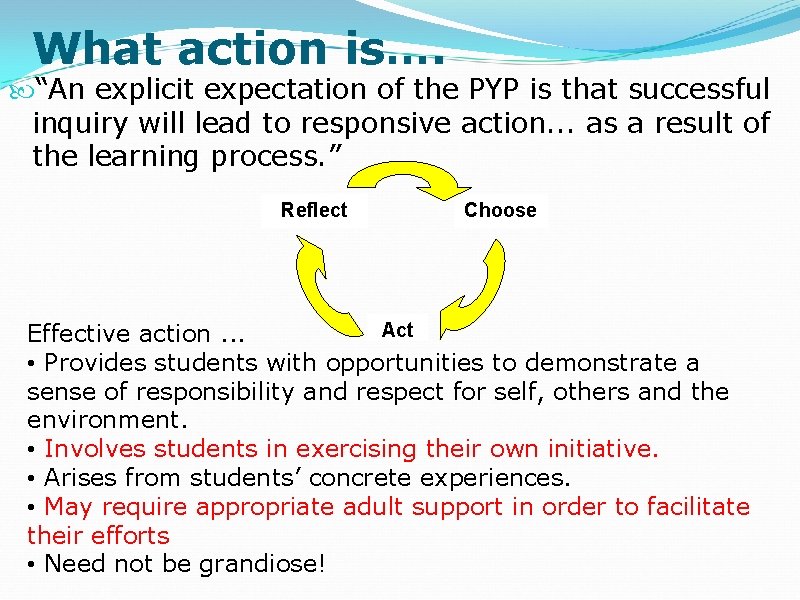 What action is…. “An explicit expectation of the PYP is that successful inquiry will