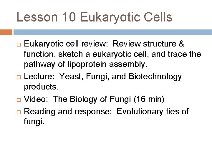 Lesson 10 Eukaryotic Cells Eukaryotic cell review: Review structure & function, sketch a eukaryotic