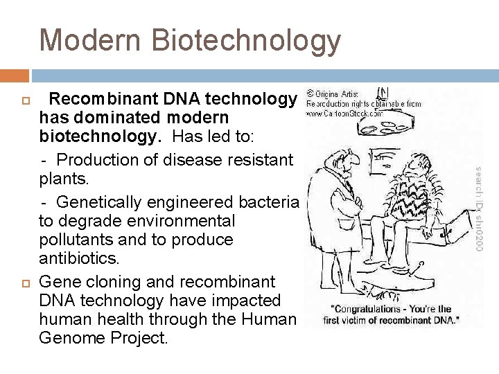 Modern Biotechnology Recombinant DNA technology has dominated modern biotechnology. Has led to: - Production