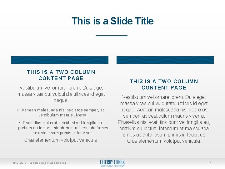 This is a Slide Title THIS IS A TWO COLUMN CONTENT PAGE Vestibulum vel This is a Slide Title THIS IS A TWO COLUMN CONTENT PAGE Vestibulum vel