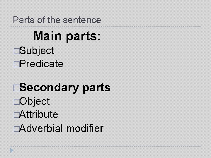 Parts of the sentence Main parts: �Subject �Predicate �Secondary parts �Object �Attribute �Adverbial modifier Parts of the sentence Main parts: �Subject �Predicate �Secondary parts �Object �Attribute �Adverbial modifier