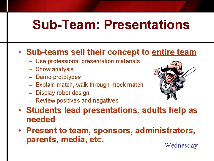 Sub-Team: Presentations • Sub-teams sell their concept to entire team – – – Use