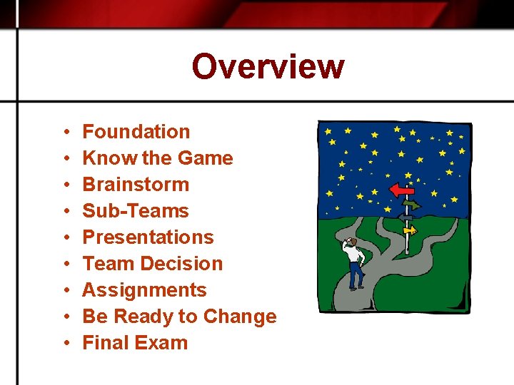 Overview • • • Foundation Know the Game Brainstorm Sub-Teams Presentations Team Decision Assignments