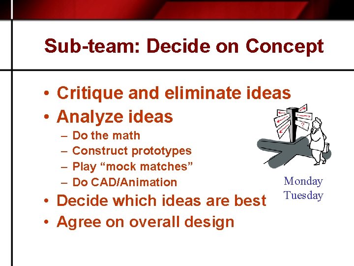 Sub-team: Decide on Concept • Critique and eliminate ideas • Analyze ideas – –