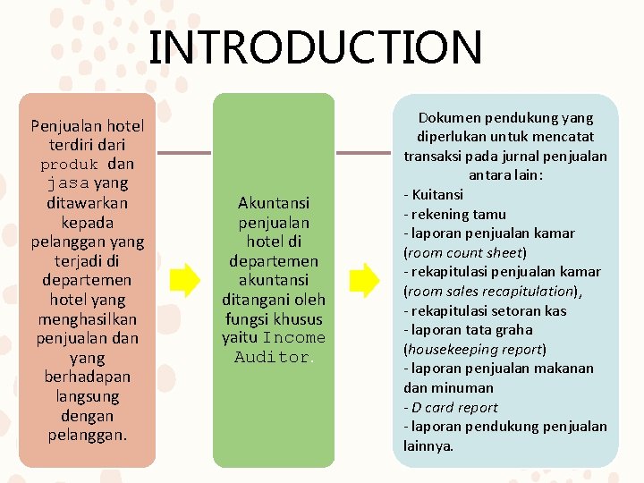 INTRODUCTION Penjualan hotel terdiri dari produk dan jasa yang ditawarkan kepada pelanggan yang terjadi
