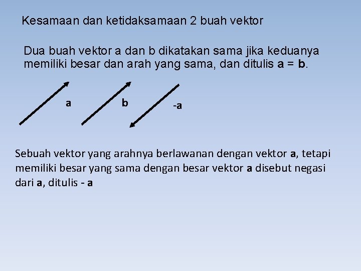 Kesamaan dan ketidaksamaan 2 buah vektor Dua buah vektor a dan b dikatakan sama