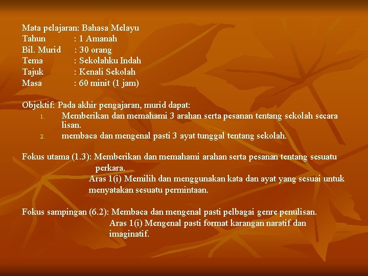Mata pelajaran: Bahasa Melayu Tahun : 1 Amanah Bil. Murid : 30 orang Tema