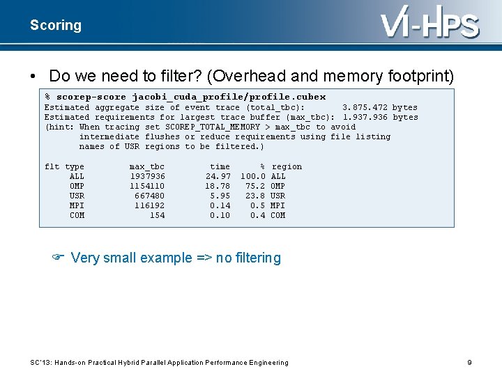Scoring • Do we need to filter? (Overhead and memory footprint) % scorep-score jacobi_cuda_profile/profile.