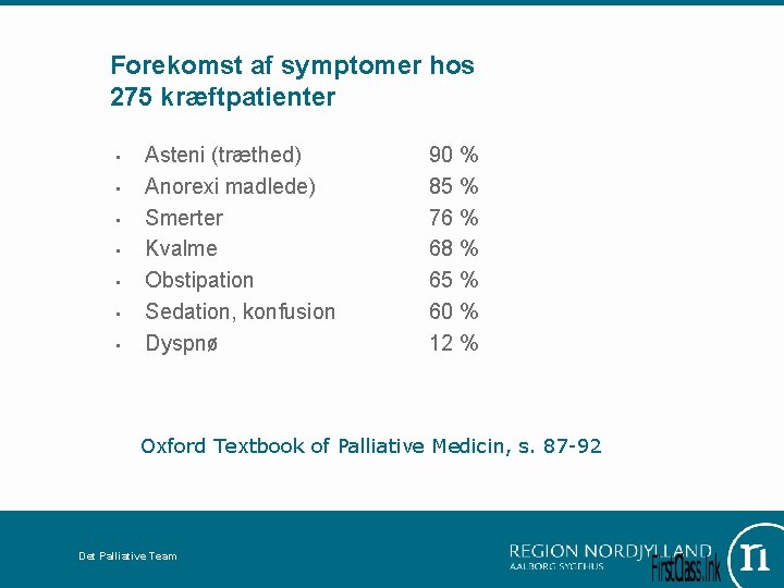 Forekomst af symptomer hos 275 kræftpatienter • • Asteni (træthed) Anorexi madlede) Smerter Kvalme