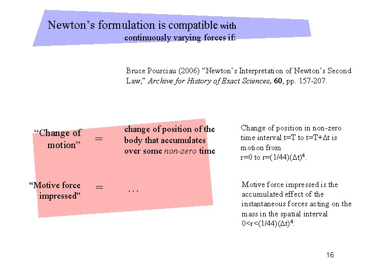 Newton’s formulation is compatible with continuously varying forces if: Bruce Pourciau (2006) “Newton’s Interpretation