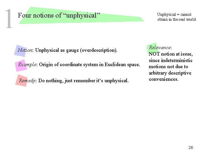 1 Four notions of “unphysical” Notion: Unphysical as gauge (overdescription). Example: Origin of coordinate