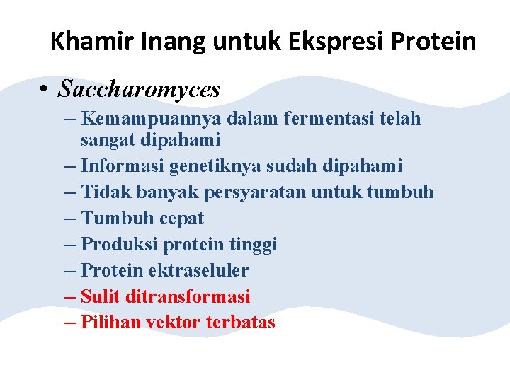 Khamir Inang untuk Ekspresi Protein • Saccharomyces – Kemampuannya dalam fermentasi telah sangat dipahami