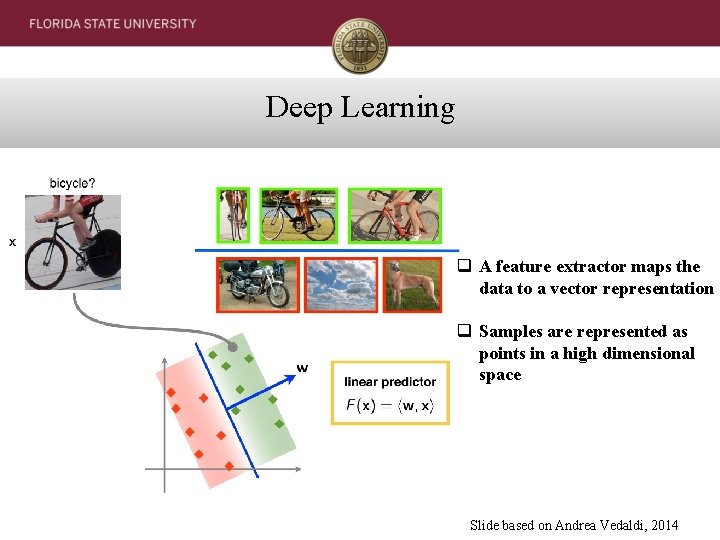 Deep Learning q A feature extractor maps the data to a vector representation q