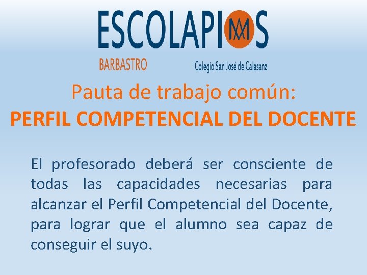 Pauta de trabajo común: PERFIL COMPETENCIAL DEL DOCENTE El profesorado deberá ser consciente de