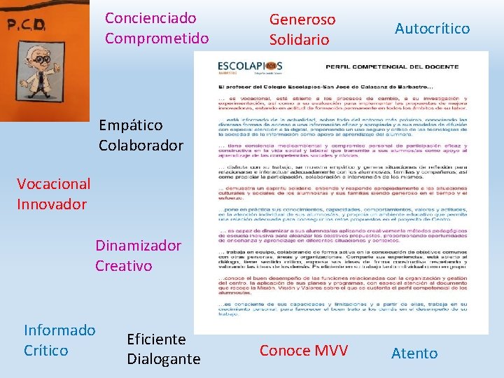 Concienciado Comprometido Generoso Solidario Autocrítico Empático Colaborador Vocacional Innovador Dinamizador Creativo Informado Crítico Eficiente
