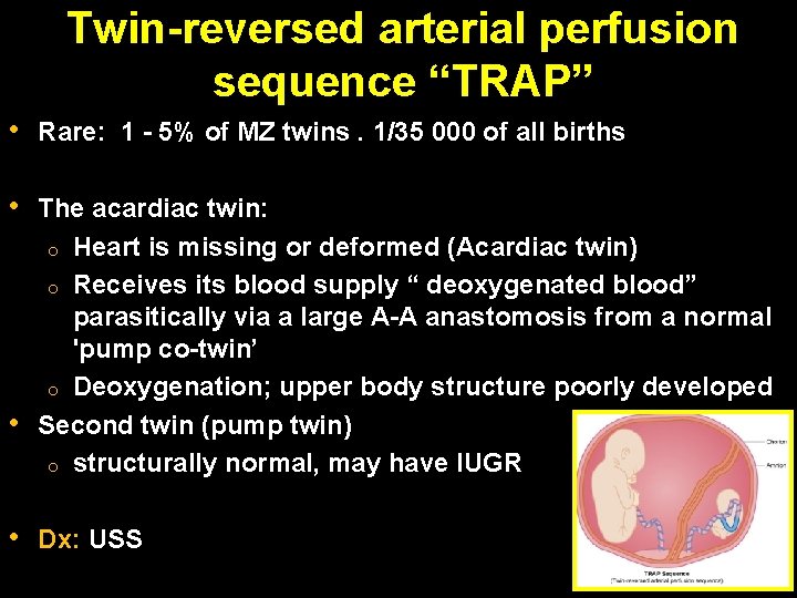 Twin-reversed arterial perfusion sequence “TRAP” • Rare: 1 - 5% of MZ twins. 1/35 Twin-reversed arterial perfusion sequence “TRAP” • Rare: 1 - 5% of MZ twins. 1/35