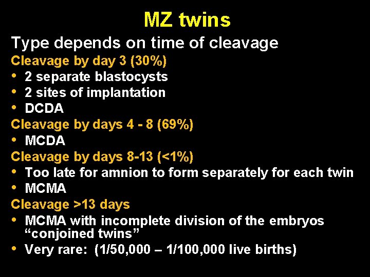 MZ twins Type depends on time of cleavage Cleavage by day 3 (30%) • MZ twins Type depends on time of cleavage Cleavage by day 3 (30%) •