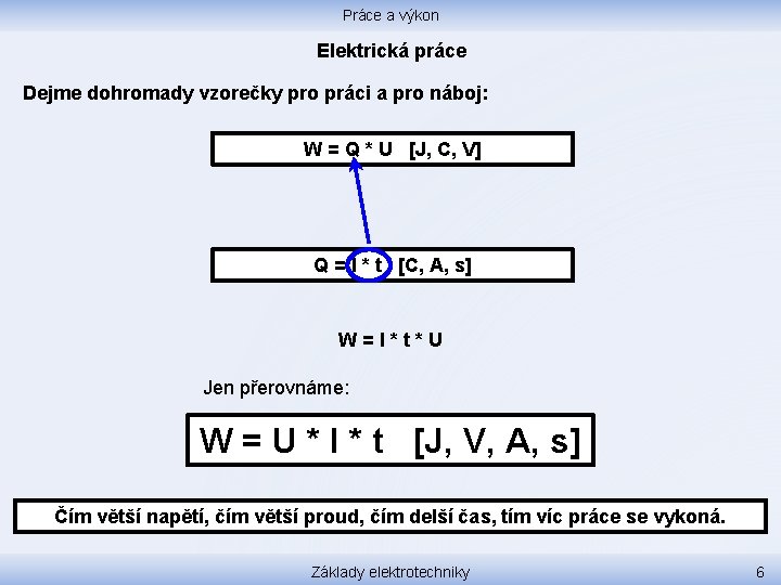 Práce a výkon Elektrická práce Dejme dohromady vzorečky pro práci a pro náboj: W