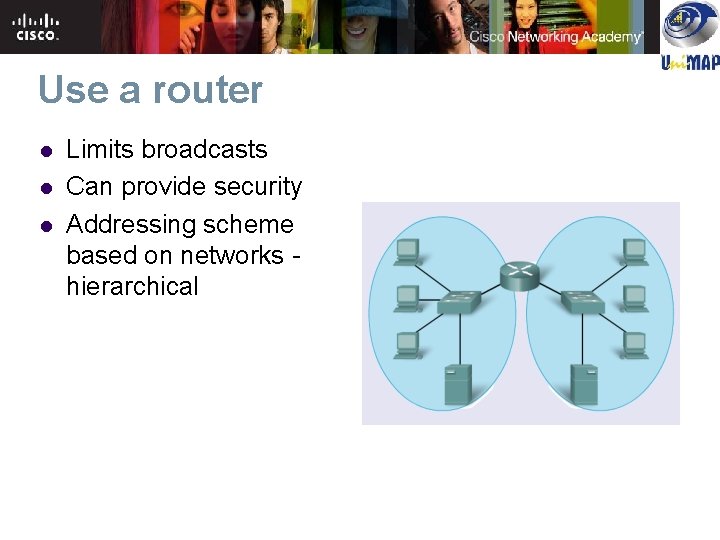 Use a router l l l Limits broadcasts Can provide security Addressing scheme based Use a router l l l Limits broadcasts Can provide security Addressing scheme based