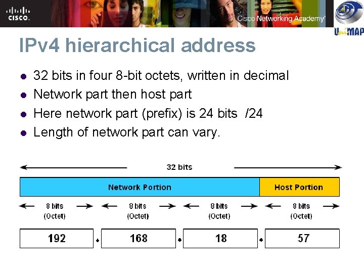 IPv 4 hierarchical address l l 32 bits in four 8 -bit octets, written IPv 4 hierarchical address l l 32 bits in four 8 -bit octets, written