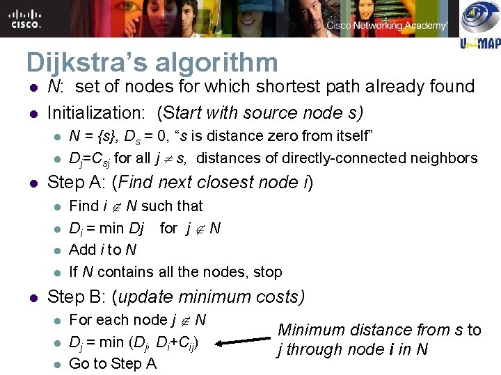 Dijkstra’s algorithm l l N: set of nodes for which shortest path already found Dijkstra’s algorithm l l N: set of nodes for which shortest path already found