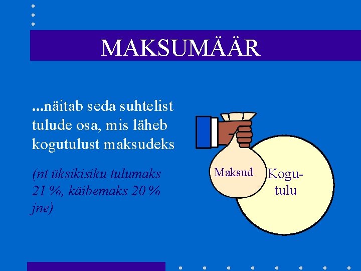 MAKSUMÄÄR. . . näitab seda suhtelist tulude osa, mis läheb kogutulust maksudeks (nt üksikisiku