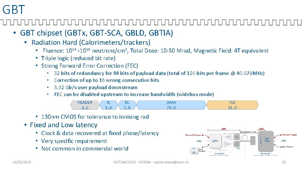 GBT • GBT chipset (GBTx, GBT-SCA, GBLD, GBTIA) • Radiation Hard (Calorimeters/trackers) • Fluence: