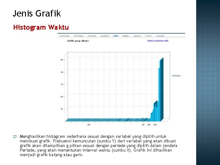 Jenis Grafik Histogram Waktu � Menghasilkan histogram sederhana sesuai dengan variabel yang dipilih untuk