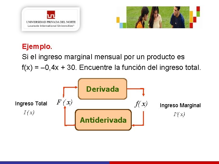 Ejemplo. Si el ingreso marginal mensual por un producto es f(x) = – 0,