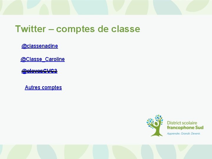 Twitter – comptes de classe @classenadine @Classe_Caroline @eleves. CVC 2 Autres comptes 