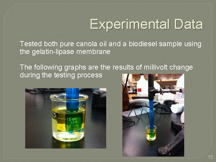 Experimental Data � Tested both pure canola oil and a biodiesel sample using the