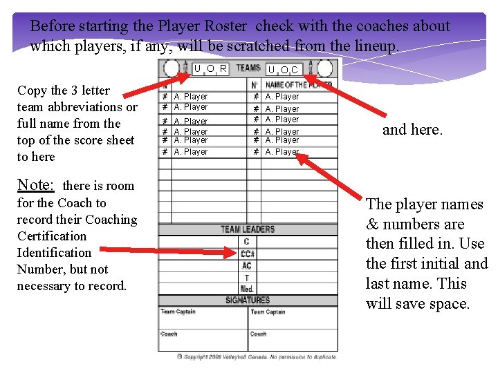 Before starting the Player Roster check with the coaches about which players, if any,